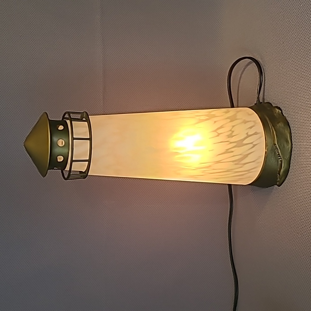 Lighted White Frosted Art Glass Lighthouse With Brass Base - Picture 2 of 12